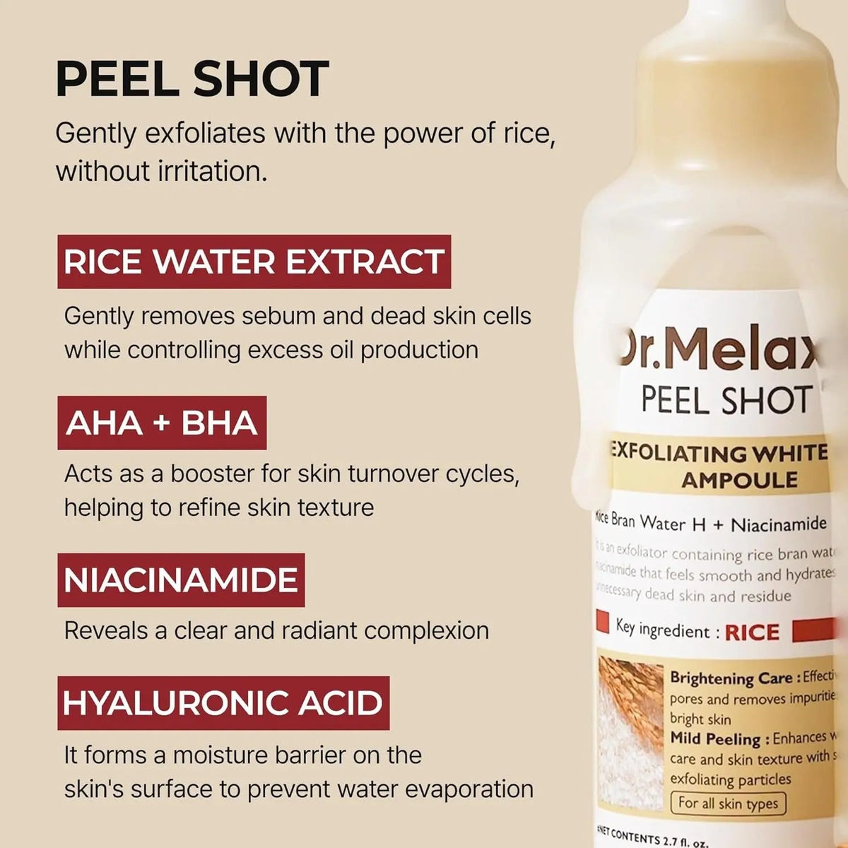 Dr.Melaxin Body & Face Peel Shot Duo Glow Rice Peeling Ampoule Kojic Acid & Turmeric spray